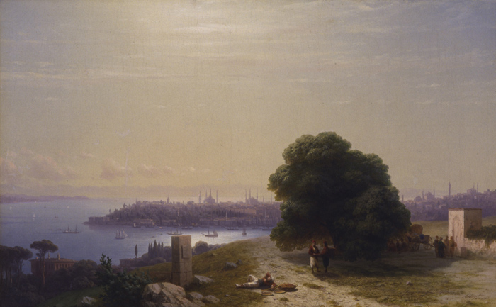 Maisemamaalauksessa merta ja Konstantinopolin kaupunkia mäen laelta kuvattuna